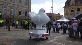 Colombian presidential candidate Gustavo Petro, and dove mascot, holds campaign rally in Bogota