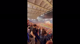 Roma fans at Stadio Olimpico sing and invade pitch after Conference League win