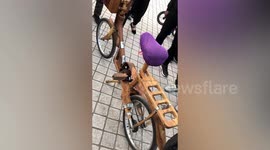 Elderly man makes bike out of wood in China