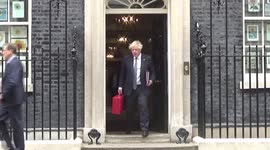 Embattled British Prime Minister Boris Johnson leaves 10 Downing Street before marking the queen’s Platinum Jubilee with speech in parliament