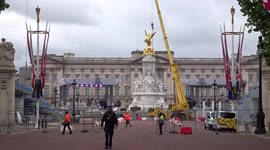 Grandstand and Union Flags outside Buckingham Palace ahead of Queens Platinum Jubilee celebrations in London
