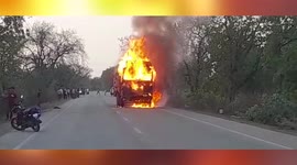 Moving truck catches fire in the middle of road in central India