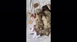 Adorable French Bulldog and baby sleep together in matching safari outfits