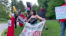 Pro-choice protesters shout, “No privacy for us! No peace for you!” outside Supreme Court Justice Neil Gorsuch’s development.