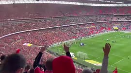 Nottingham Forest fans celebrate in Wembley Stadium following play-off victory