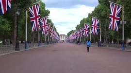 British flags line The Mall ahead of the Queens Platinum Jubilee celebrations in the UK - London