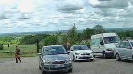 Driverless camper van rolls onto busy road at Belvoir Castle carpark - Dashcam 10x speed