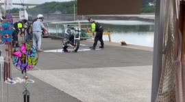 Fire extinguisher saves the day after officer fails to put out fire with water at Bideford Motorbike Show in Devon, UK