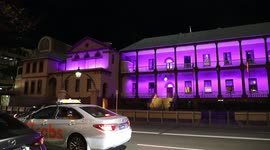 The New South Wales Parliament building on Macquarie Street, Sydney, Australia is lit up purple to mark the Queen’s Platinum Jubilee.