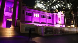 The State Library in Sydney is lit up purple to mark the Queen’s Platinum Jubilee
