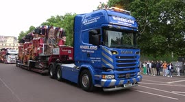 Convoy of trucks carrying floats for the Platinum Jubilee Pageant make their way down The Mall in London