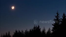 Crescent Moon with Earthshine Setting Over Forest - Time Lapse
