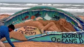 Sudarsan Pattnaik Sculpts Sand Art On The Eve Of World Oceans Day Puri beach