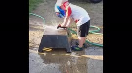 Boy pretends to be welder