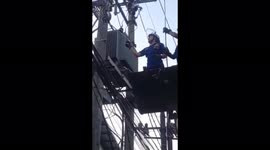 Jakarta firefighters rescue and remove snake wrapped around power lines