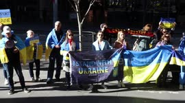 Ukrainians protest at Freelancer.com head office at Grosvenor Place, 225 George Street, Sydney as they are still conducting business in Russia and hence funding the war.