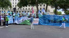Yoruba Nation protesters hold a huge Yourba flag outside Downign Street