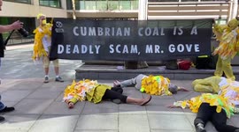 Extinction Rebellion ‘dead canaries’ outside the Home Office in protest against the Cumbrian coal mine