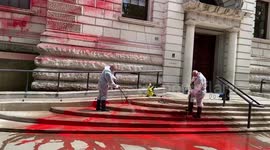 Just Stop Oil activists cover UK government building with red paint