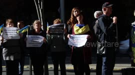 Ukrainians protest at Freelancer.com head office at Grosvenor Place, 225 George Street, Sydney as they are still conducting business in Russia and hence funding the war.