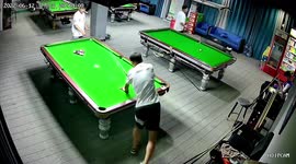 A-pool-ling! Man's skewed snooker break rebounds and hits him on the shoulder