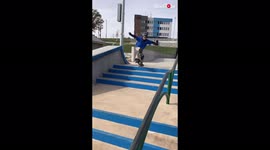 'Young skateboarder tests his luck by jumping down stair sets 
'