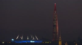Lakhta tower lit up in Red for the Scarlet sails Russian Proms celebration, St Petersburg, Russia