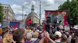 RMT union boss Mick Lynch speaks at a rail workers rally in London