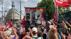 RMT union boss Mick Lynch speaks at a rail workers rally in London