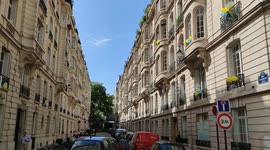 Ukraine-Russia war:  a whole street of Paris decorated with balloons in the colors of the flag of Ukraine. Square de la Tour Maubourg, France. 27 june 2022