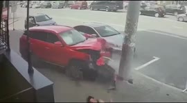 Pedestrian knocked to ground after motorist mounts pavement in Russian city