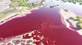 Stunning drone footage showcases ruby-coloured lake in Chinese desert