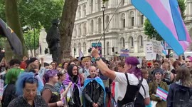 Trans rights activists gather outside Downing Street protesting against conversion therapy
