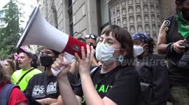Pro-abortion activists chant 'shame on you' outside Federalist Society gathering in New York