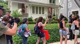 Pro-choice protesters recite the First Amendment in front of Brett Kavanaugh’s house