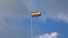 Rainbow flag over Trafalgar Square celebrates the 50th anniversary of Pride London