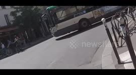 Paris: Near miss accident as a kickscooter was about to cut off a bus road. Angle of rue de Patay and rue de Tolbiac, France. 4 july 2022