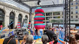 Candy brand Haribo installs a giant pinata on the forecourt of Saint-Lazare station to celebrate the start of the summer period. 6 july 2022.