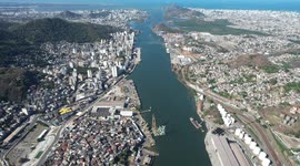 Aerial view of the bay channel of the city of Vitória, where you can see the docking places of ships in the port