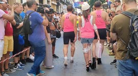 High-heeled race is toppling over with fun in Madrid for Pride festival