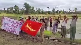Defiant Burmese farmers stage protest against military junta in the middle of rice field