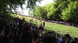 Spectators watch the madness of the UK's infamous cheese-rolling race