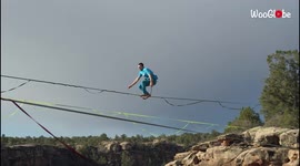 Pro highliner performs sensational trick while balancing 150 feet above ground