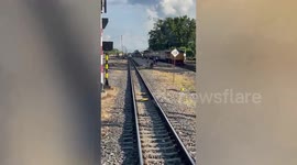 Dozens of wild monkeys run across railway tracks in Thailand