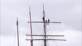 Tall Ship Crew High On Mast Sailing Into Foyle Maritime Festival