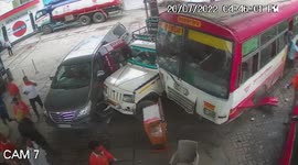 Bus flattens petrol pump as it slams into vehicles at gas station in India
