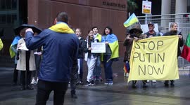 Ukrainians and their supporters hold a protest in Martin Place, Sydney against the Russian invasion with the theme ‘Russia is a terrorist state’