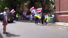 Free Belarus rail workers protest outside the Embassy of Belarus in London