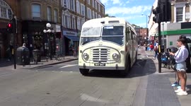 Bristol Greyhound retro bus spotted in Earls Court en route to Victoria Coach Station in London