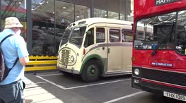 Retro coaches ready to depart on a journey around London to celebrate 90th birthday of Victoria Coach Station
